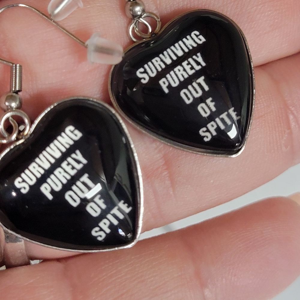 Custom Back Surviving Purely Out Of Spite 😛 Heart Earrings Dark Funny Got - Picture 7 of 8